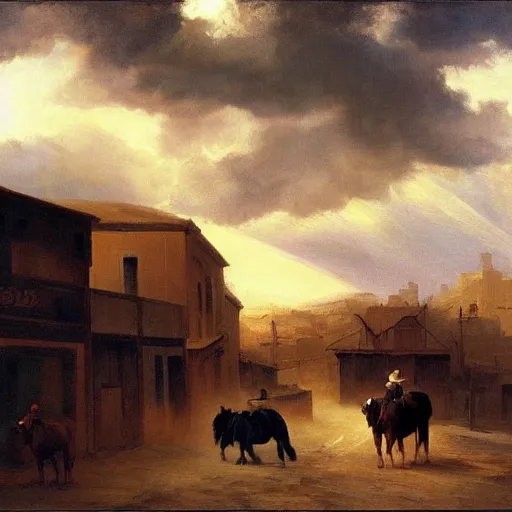 Prompt: oil painting of cowboy in dusty street in western town, storm clouds, sunrays, very very very very very beautiful bright art, american romanticism by goya, colorful masterpiece, realistic and detailed