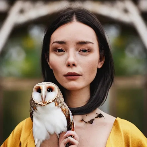 Image similar to head to shoulder portrait film photograph of an elegant top model wearing a yellow kimono with a very detailed barn owl on her shoulder!!! in a tropical greenhouse. looking at the camera!!. super resolution. 85 mm f1.8 lens.bokeh. graflex. by Alessio albi ! -