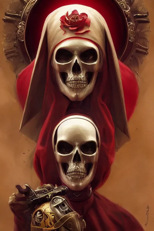 Image similar to ultra realistic illustration, 3 d render of a nun with a skull helmet red and gold accents, gothic, dark, hacknaut, fantasy, intricate, elegant, highly detailed, digital painting, artstation, concept art, smooth, sharp focus, illustration, art by artgerm and greg rutkowski and alphonse mucha