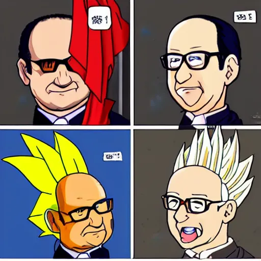 Image similar to François hollande transforming into super saiyan, drew by akira toryama