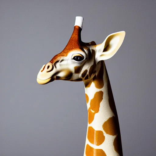 Image similar to photograph of a porcelain giraffe, golden detailing, smooth, glazed, high quality, hd, 8k, sharp focus, studio lighting