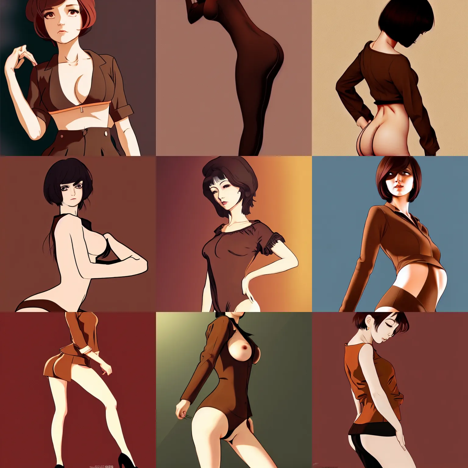 Prompt: woman wearing a brown blouse and bending over, in the style of ilya kuvshinov, sexy