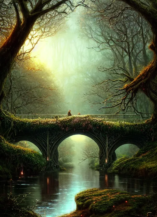 Prompt: old bridge with ivy, fantasy forest landscape, fantasy magic, light night, intricate, elegant, sharp focus, illustration, highly detailed, digital painting, concept art, matte, art by wlop and artgerm and ivan shishkin and andrey shishkin, masterpiece