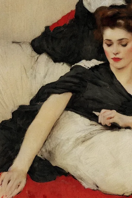 Image similar to european woman in a gown laying on couch, close up, bloom flowers, modern, eclectic, illustration, by ramon casas