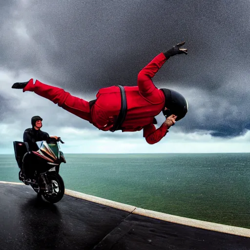 Image similar to 4 k hdr full body wide angle sony portrait of ron desantis riding on top of a flying nuclear missile with moody stormy overcast lighting