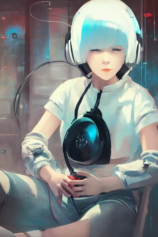 Prompt: a cute young woman listening to music in a bubble chair with her eyes closed and wearing headphones, white bob cut hair, freckles, cyberpunk setting, vivid colors, soft lighting, cinematic, moody, nier automata, poster, oil on canvas, in the style of Ilya Kuvshinov, 8k