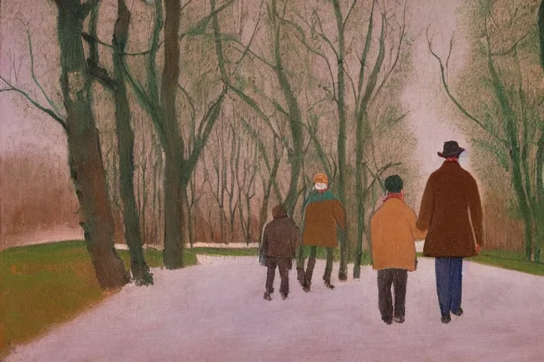 Image similar to a very tall man with dark hair holding the hands of a short young boy as they walk in a park on a bright beautiful winter day. part in the style of an edgar degas painting. part in the style of david hockney