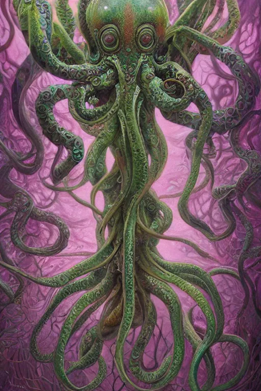 Prompt: psychedelic organic cthulhu mindflayer, gems jewels, diffuse lighting, fantasy, intricate, elegant, highly detailed, lifelike, photorealistic, digital painting, artstation, illustration, concept art, smooth, sharp focus, art by John Collier and Albert Aublet and Krenz Cushart and Artem Demura and Alphonse Mucha