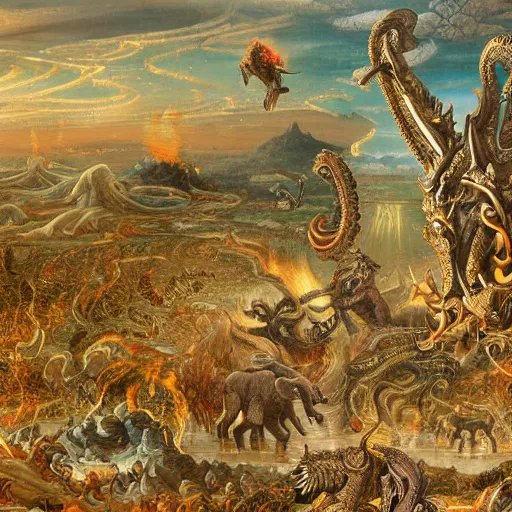 Prompt: intricate scenery of a delirium of creatures and feminine demons and gods and angels running with dragons elephants centipede and birds into the explosion of god in the act of creating the biggest city landscape ever created in the burning sun of anthropocene, flemish painting, highly detailed, intricate, ornate, digital art