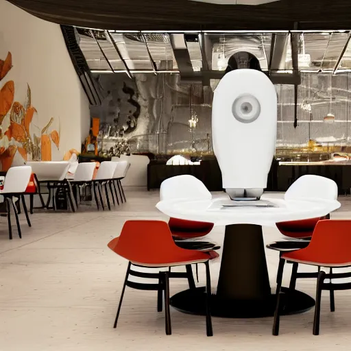 Image similar to three large white glossy kuka industrial robot arms on the floor around a dinner table, the kuka industrial robot arms are wearing bow ties, the table is full of food, they are having dinner inside a fine dining restaurant with mid century modern furniture and decor, global illumination, artstation, fantasy