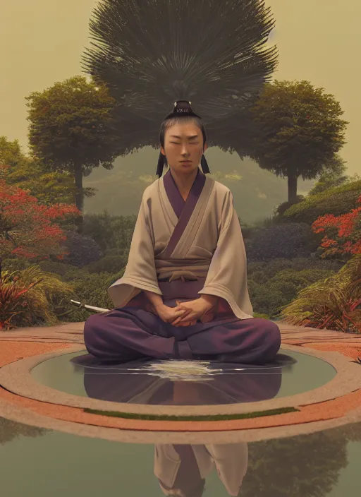 samurai meditating by a serene reflection pool, feudal | Stable Diffusion |  OpenArt