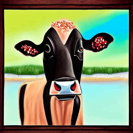 Image similar to half cow half human, digital painting, cow lifeguard