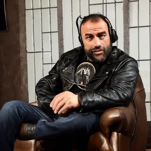 Image similar to a grizzly bear wearing a leather jacket as a guest on the joe rogan podcast