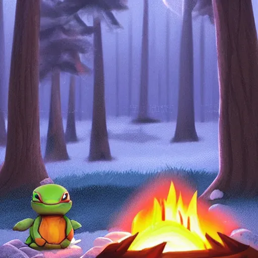 Image similar to two happy cute chibi turtles sitting around a campfire near a cave entrance to a mountain, there is a forest of trees in the background and a small frozen lake in the distance, trending on artstation, 3d digital artwork, cinematic lighting, 4K, very full detail, vector, amazing artwork, trending on Behance award-winning art, kawaii