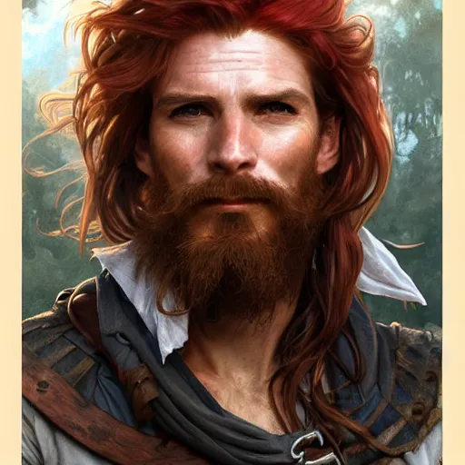 Image similar to portrait of a young ruggedly handsome but joyful pirate, male, masculine, upper body, red hair, long hair, d & d, fantasy, mischievous smirk, intricate, elegant, highly detailed, digital painting, artstation, concept art, matte, sharp focus, illustration, art by artgerm and greg rutkowski and alphonse mucha