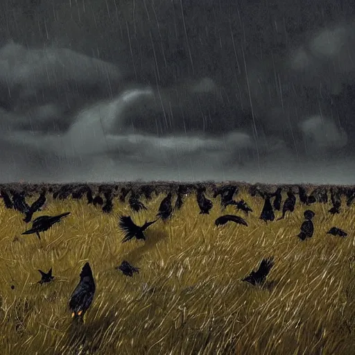 Prompt: A field full of crows, thousands of crows, a single wooden house nearby, many crows on the field, stormy weather, dark sky, art by greg rutkowski, trending on artstation.
