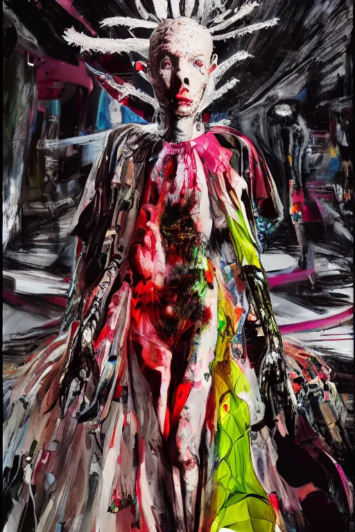 Prompt: crazy fashion catwalk, one model, crazy clothes, biopunk style, horror, hauntingly surreal, highly detailed painting by francis bacon, edward hopper, adrian ghenie, gerhard richter, and james jean soft light 4 k,