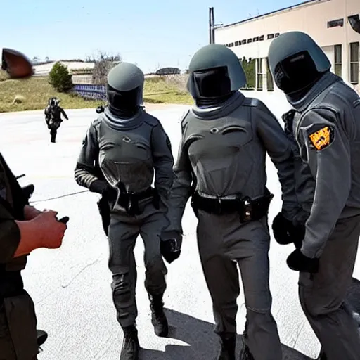 Image similar to extraterrestrial zeta reticulan grey alien, being arrested by spetsnaz