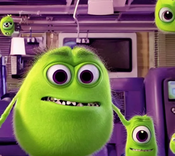 Prompt: mike wazowski covered in googly eyes, still from monsters inc