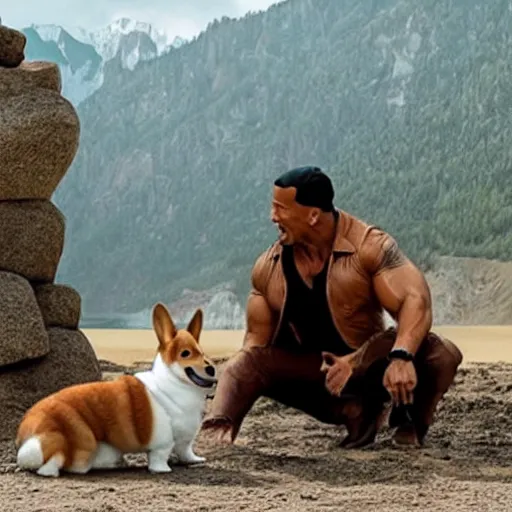 Prompt: photo of dwayne johnson riding a giant corgi, highly - detailed, sharp focus, award - winning