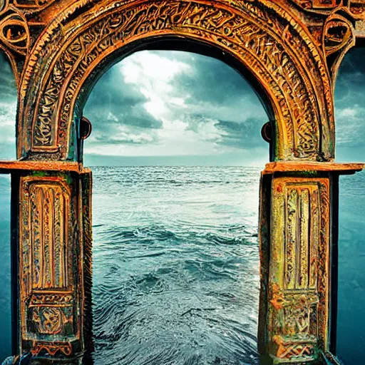 Prompt: A door in the sea, intricate details, eerie, highly detailed, colorful, clean, update