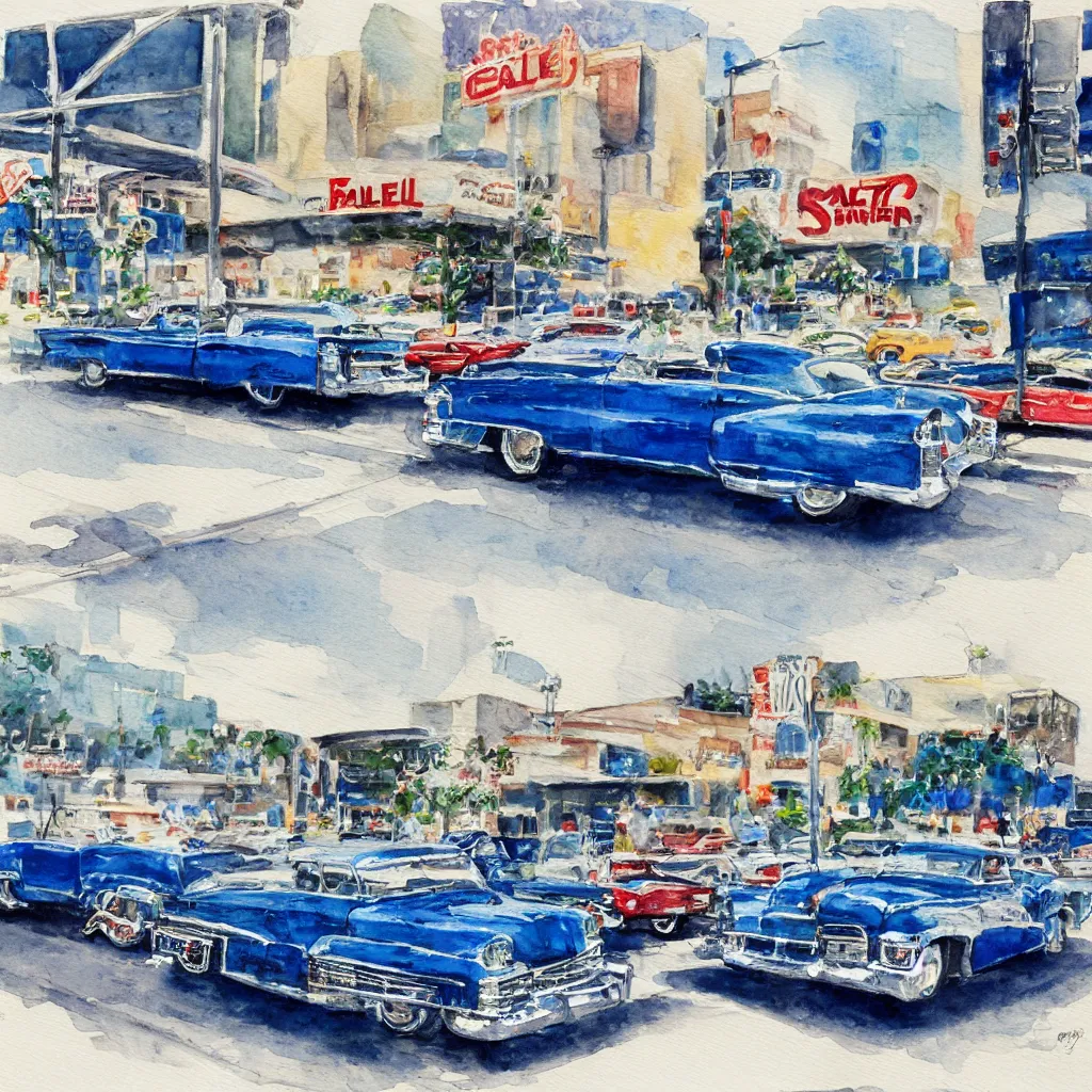 Image similar to 2 cadillacs, 1 blue and 1 white, parked in front of a 7 - 1 1 in downtown los angeles, vintage watercolor painting