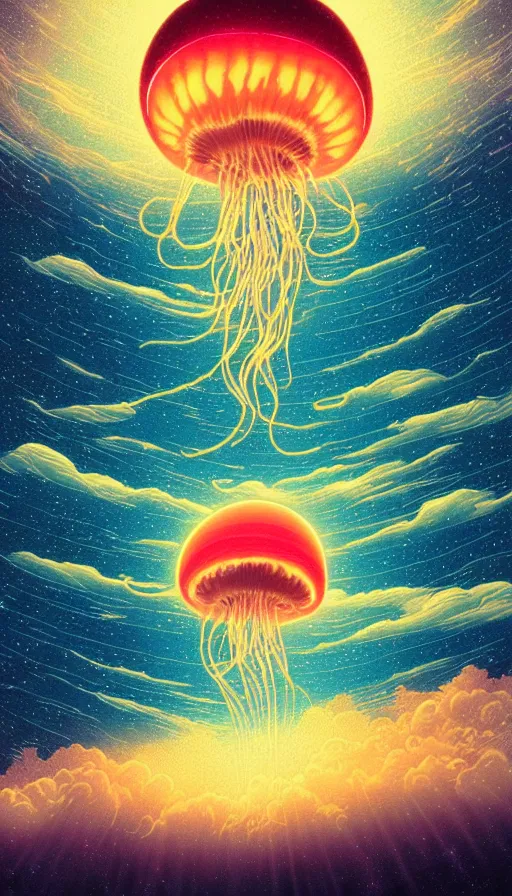 Image similar to little luminous jellyfish floating on cosmic cloudscape at sunset, futurism, dan mumford, victo ngai, kilian eng, da vinci, josan gonzalez