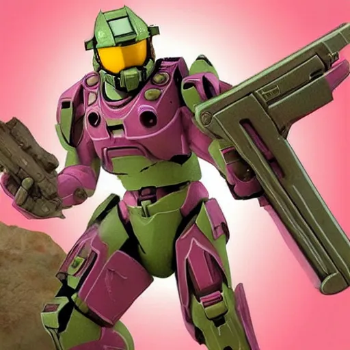 Image similar to cute master chief in pink armor holding a banana