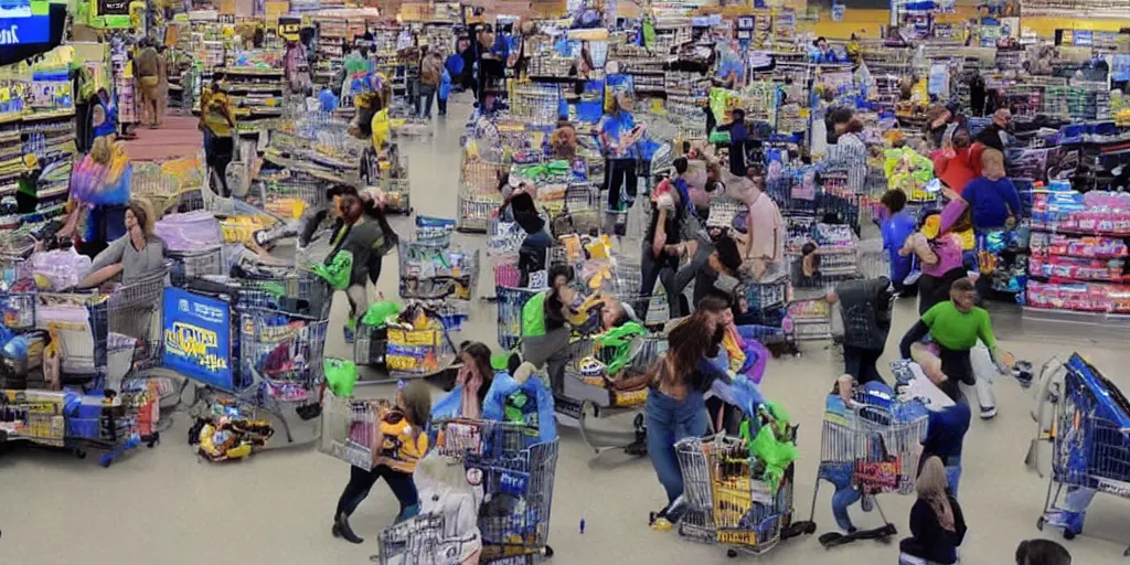 Image similar to a highly detailed photo of aliens fighting with Walmart customers, hilarious