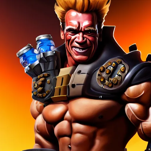 Image similar to a screenshot of arnold schwarzenegger as junkrat in overwatch holding tnt, portrait, fantasy, beautiful face, vivid colors, elegant, concept art, sharp focus, digital art, hyper - realistic, 4 k, unreal engine, highly detailed, hd, dramatic lighting by brom, trending on artstation