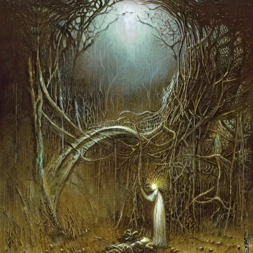 Image similar to shabby hut in a dark forest by Luis Royo and Beksinski