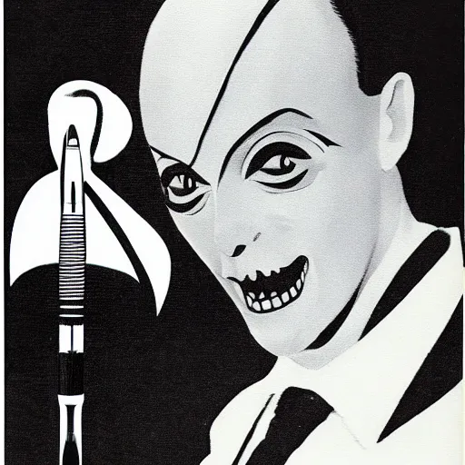 Prompt: a product photo ad of klaus nomi with a technical reed rollerball pen exacto knife by junji ito, ethereal eel