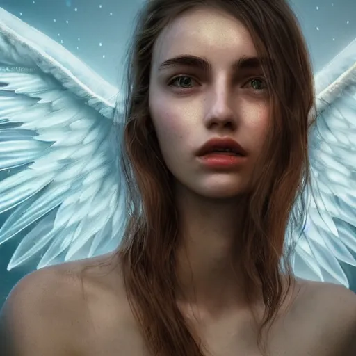 Image similar to portrait art of female angel, art by alessio albi 8 k ultra realistic, angel wings, lens flare, atmosphere, glow, detailed, intricate, full of colour, led lighting, trending on artstation, 4 k, hyperrealistic, focused, extreme details, unreal engine 5, masterpiece