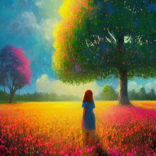 Image similar to girl of flowers, standing in a flower field, big trees, sunrise dramatic light, impressionist painting, colorful clouds, digital painting, pointillism, artstation, simon stalenhag