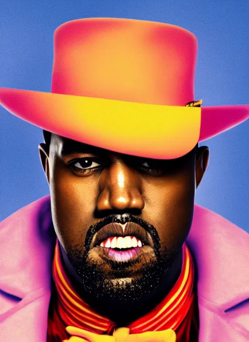 Image similar to portrait kanye west as willy wonka in django unchained, splash art, movie still, cinematic lighting, long lens, shallow depth of field, bokeh, anamorphic lens flare, 8 k, hyper detailed, 3 5 mm film grain