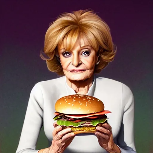 Prompt: portrait of barbara walters eating hamburgers, extra onions and ketchup, luscious patty with sesame seeds, feminine ethereal, handsome, d & d, fantasy, intricate, elegant, highly detailed, digital painting, artstation, concept art, matte, sharp focus, illustration, art by artgerm and greg rutkowski and alphonse mucha