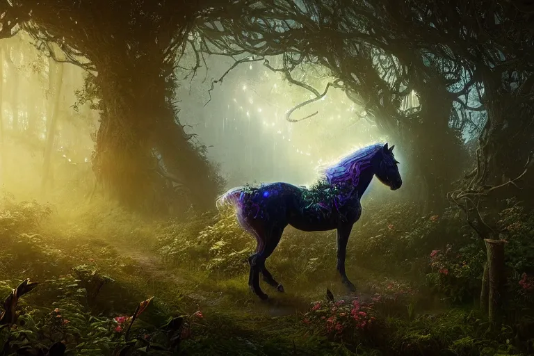 Prompt: a stunning horse with a thick mane of bioluminescent vines and flowers running through the woods by greg rutkowski, high key lighting, volumetric light, digital art, highly detailed, fine detail, intricate, ornate, complex, octane render, unreal engine, photorealistic