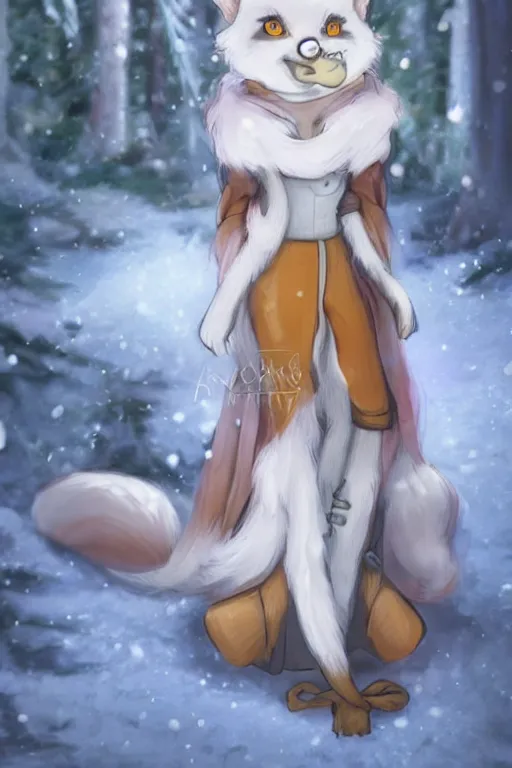 Prompt: a pretty medieval anthropomorphic snow fox with a fluffy tail in the forest, comic art, trending on furaffinity, cartoon, kawaii, backlighting, furry art!!!, radiant light, bokeh, trending on artstation, digital art