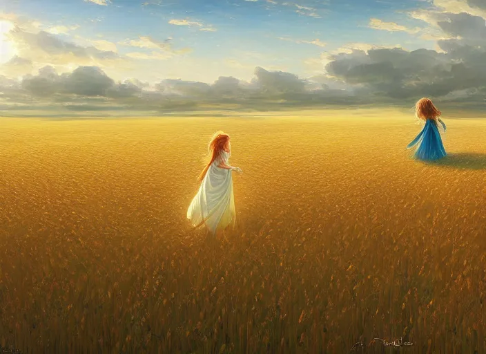 Image similar to a lone princess walks through a vast wheat field in the cosmic sky by vladimir volegov and alexander averin and peder mørk mønsted and guweiz and raphael lacoste