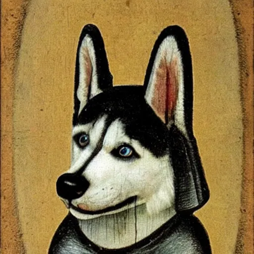 Image similar to a cute husky painted by hieronymus bosch