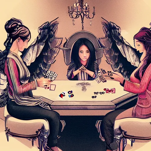 Image similar to a illustration of female angels playing poker and smoking, trending on artstation, cinematic