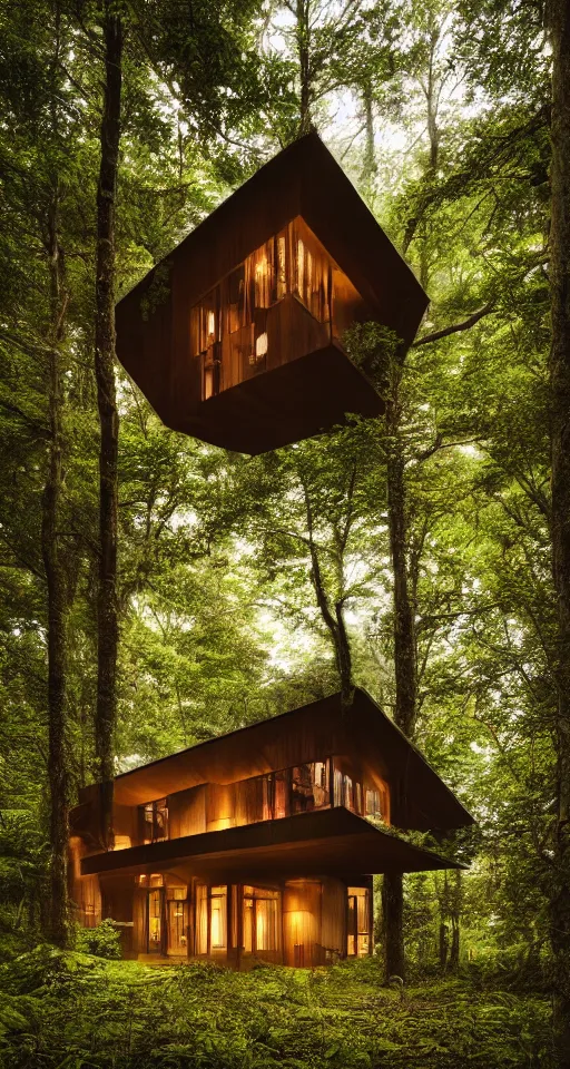 Image similar to an exquisitely designed wooden house in a lush forest, architectural photography, dark and dim lighting, beautiful, tranquil, moody, cinematic, fantasy, 3 5 mm lens, volumetric lighting, first person view, photographic render, hyper realistic