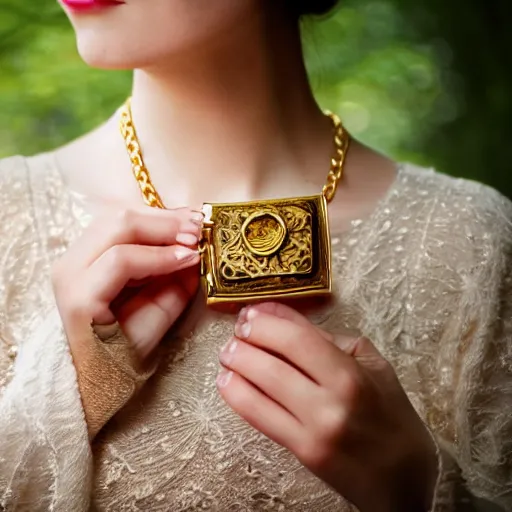 Image similar to hand holding an open golden locket pendant with a retro photo of an elegant and aesthetic woman portrait, on a forest background with bokeh. Retro. Antique. High quality 8k. Intricate. Graflex camera. Award winning