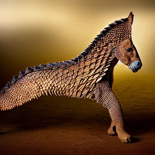 Image similar to a Horse with the armor of a pangolin, national geographic photograph
