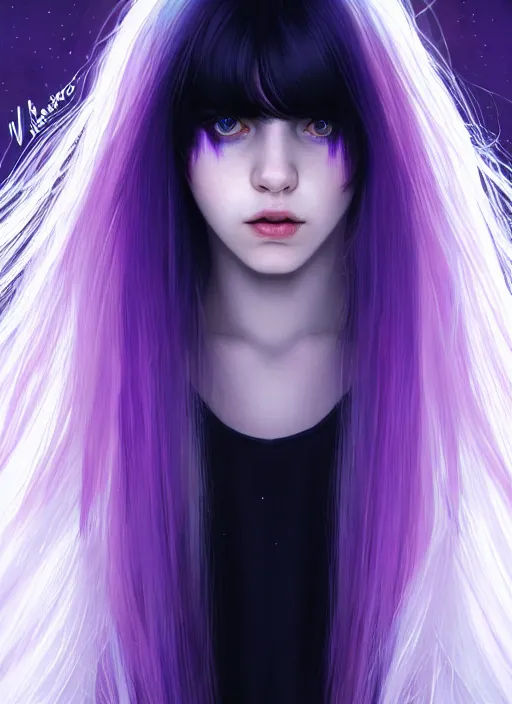 Image similar to hair whitebangs hair, black hair, whitebangs, portrait of teenage girl with white bangs, red irises, purple clothes, white bangs, bangs are different color from hair, intricate, elegant, glowing lights, highly detailed, digital painting, artstation, concept art, smooth, sharp focus, illustration, art by wlop, mars ravelo and greg rutkowski