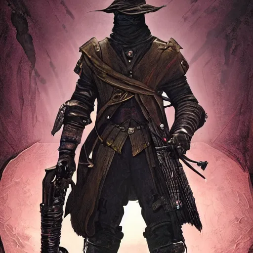 Image similar to an ultra detailed vector image of the hunter from bloodborne in a set of fallout power armor, concept art by alphonse mucha and greg rutkowski, scary shadows, blood moon eclipse, octane render, laminal space