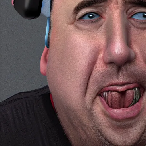 Prompt: Obese Nicolas Cage wearing a headset and yelling at his monitor, trending on Artstation, rendered by Octane, by WLOP