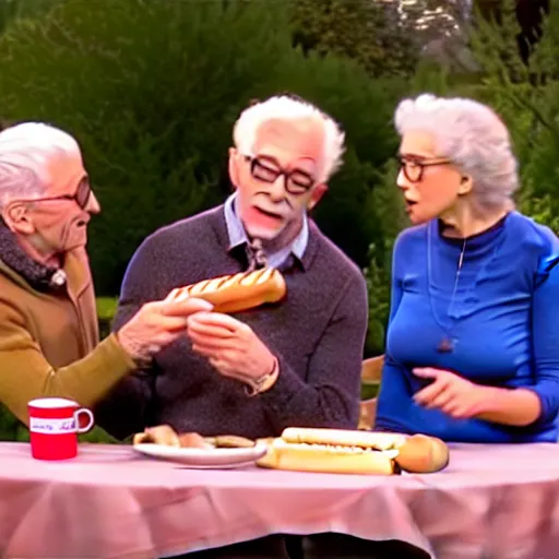 Image similar to a movie still from the antiques roadshow, old people discussing a priceless hot dog, uhd, 8k,