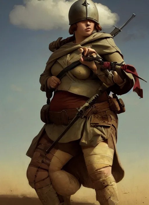 Prompt: hyper realistic photo of medieval chubby beautiful soldier girl, full body, rule of thirds, conceptart, saturated colors, cinematic, greg rutkowski, brom, james gurney, mignola, craig mullins,