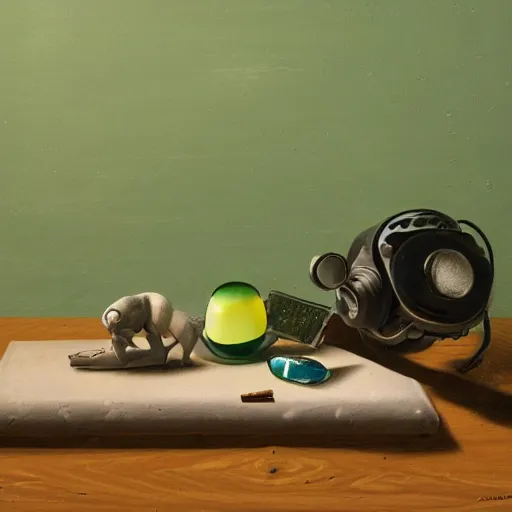 Prompt: A surreal composition of objects laid out on a floor in a dimly lit room with a green light emanating from the ceiling, depth of field, bokeh, oil on canvas, rule of thrids, dreamy